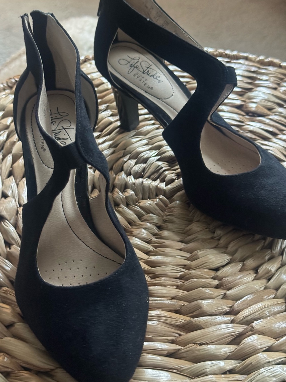Life Stride Black Suede T-Strap Cutout Heels